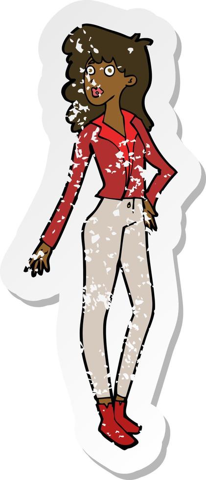 retro distressed sticker of a cartoon pretty woman vector