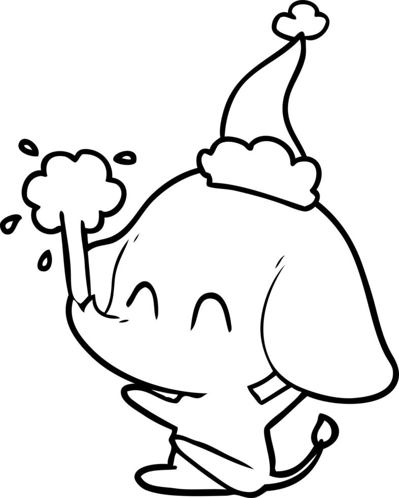 cute line drawing of a elephant spouting water wearing santa hat vector