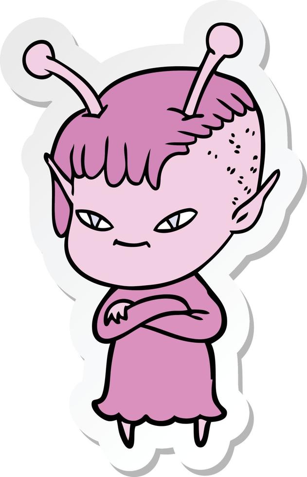 sticker of a cute cartoon alien girl vector