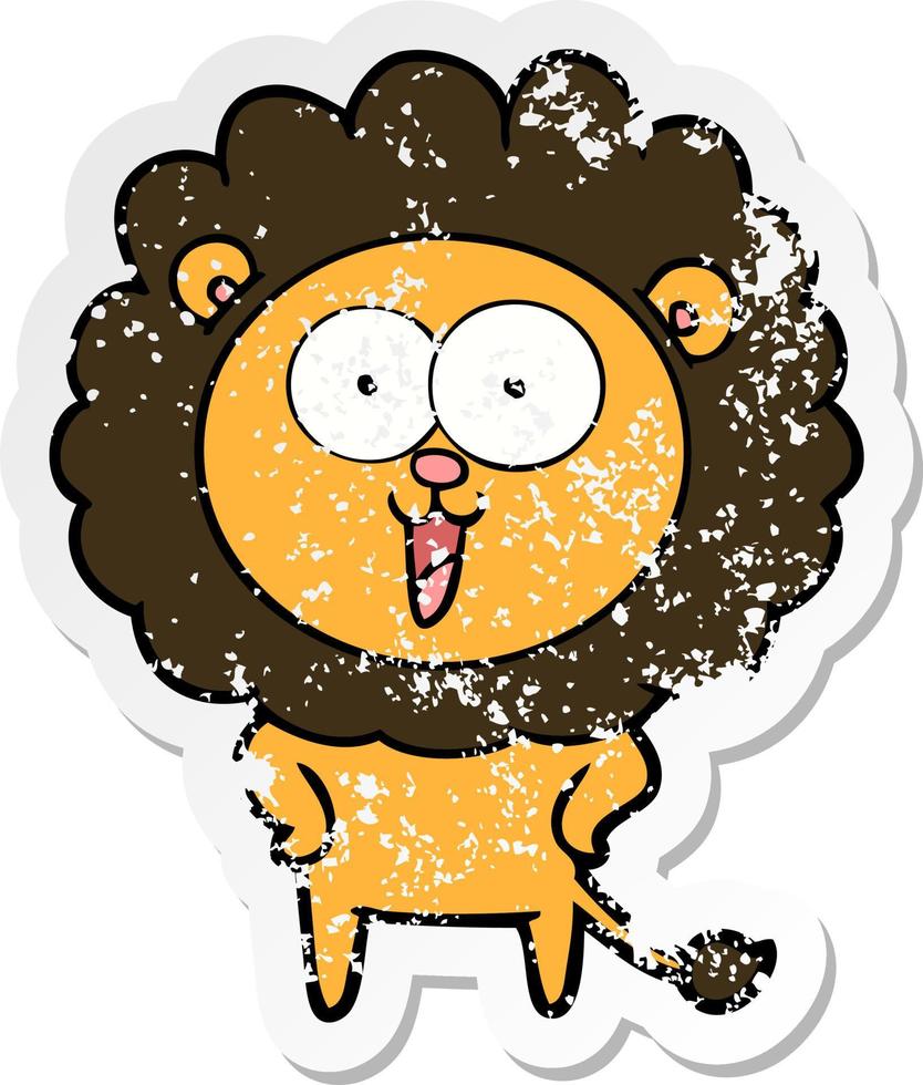 distressed sticker of a happy cartoon lion vector