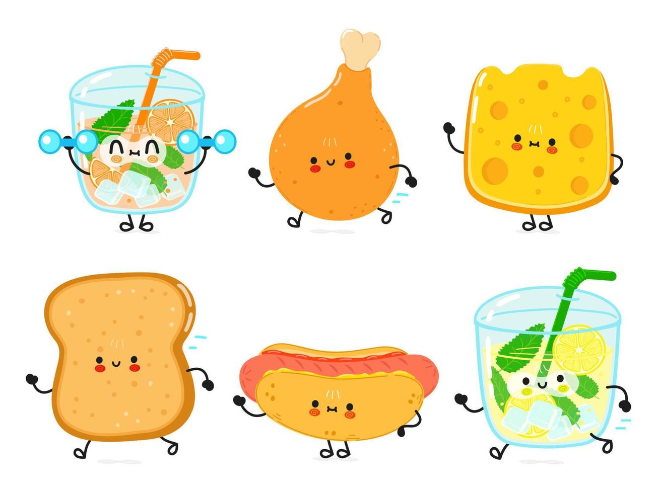 Funny happy fast food characters set. Vector hand drawn cartoon kawaii character illustration. Isolated white background. Cute lemonade, chicken's leg, cheese, toast, bread, hot dog, juice