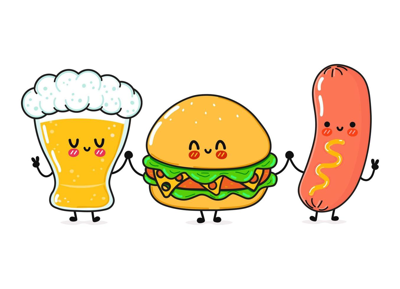 lindo, divertido y feliz vaso de cerveza, salchicha de hamburguesa con mostaza. personajes kawaii de dibujos animados dibujados a mano vectorial, icono de ilustración. Divertido vaso de dibujos animados de cerveza, pizza y concepto de amigos de mostaza de salchicha vector