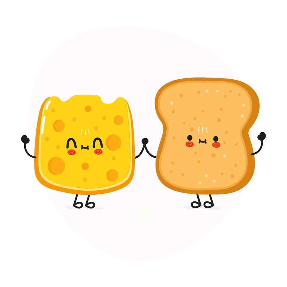 linda tarjeta feliz de tostadas y queso. diseño de icono de ilustración de personaje de dibujos animados de estilo de fideos dibujado a mano vectorial. feliz tarjeta de concepto de amigos de pan y queso vector