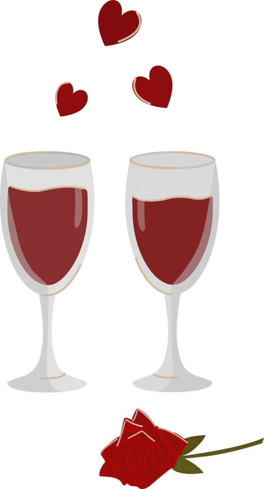 Glasses of red wine and a red rose. Decorative elements of a wedding celebration. Valentine's Day, March 8th.Simple contour vector, website or mobile application, advertising, postcards, printing. vector