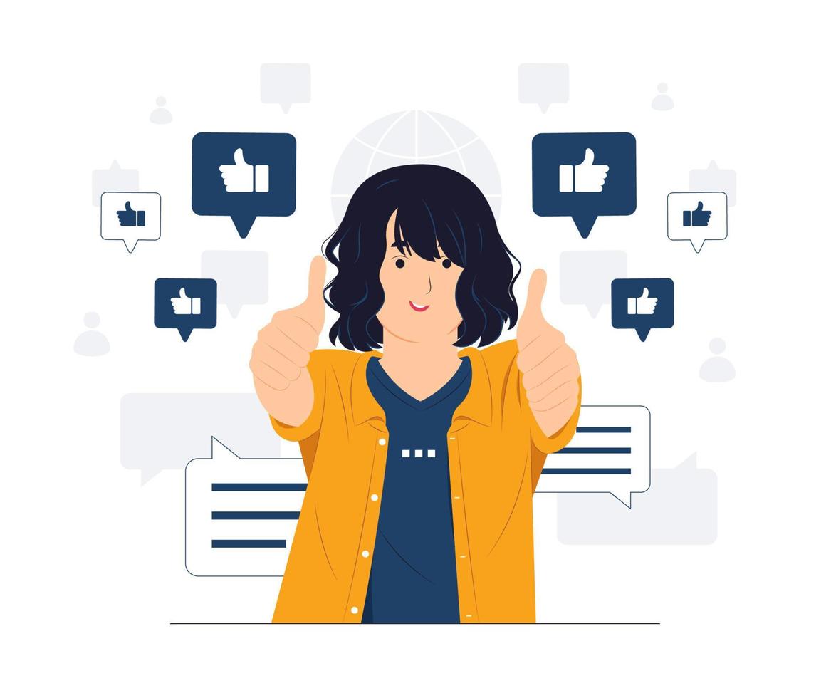 Concept illustration of Woman showing like hand sign, feedback, public approval, joy, success, approval, happiness, and thumbs up symbol flat cartoon style vector