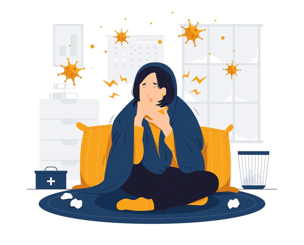 Concept illustration of Girl having a cold, cough and blowing her nose with tissue while lying sick in sofa with virus around flat cartoon style vector