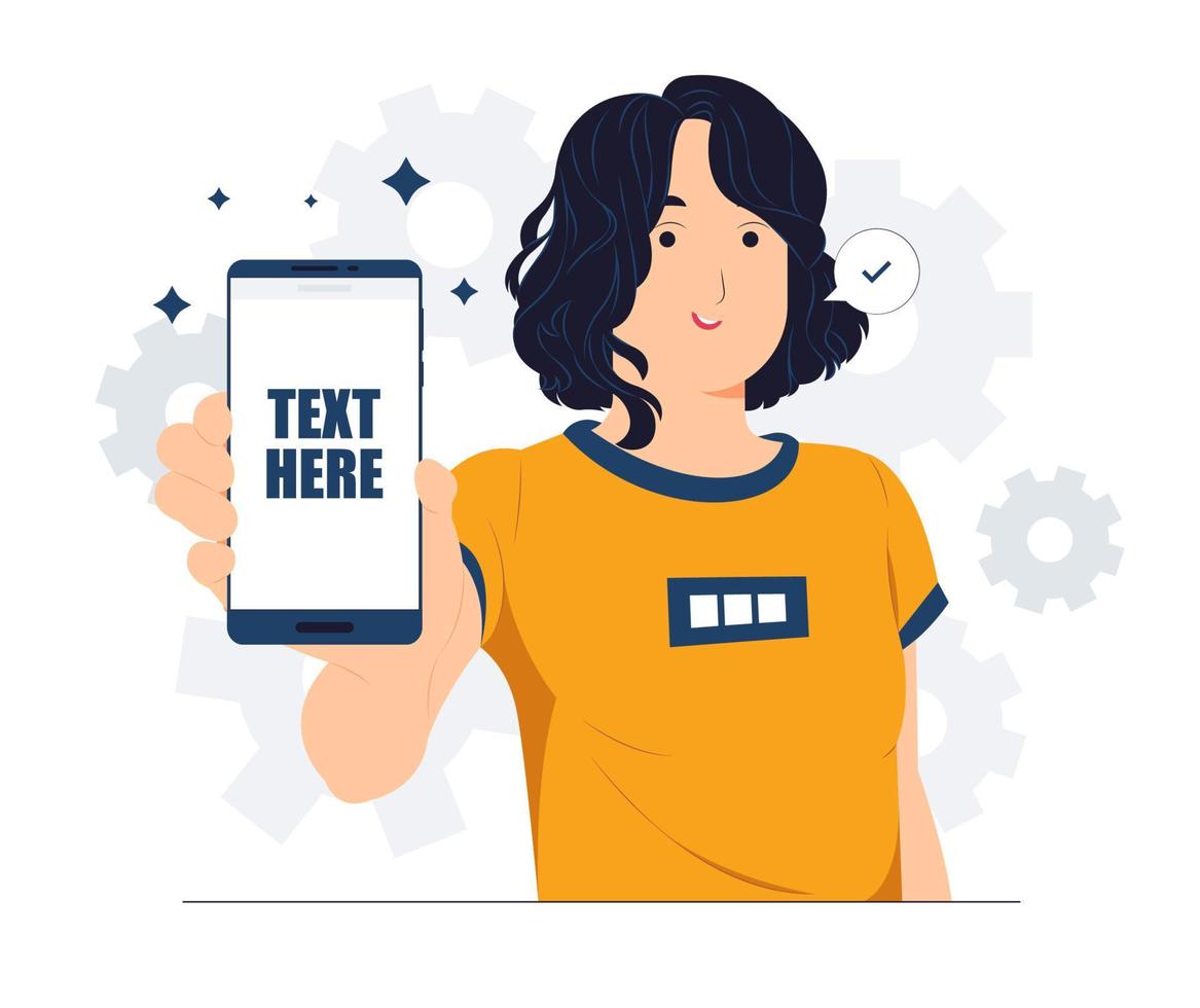 Cheerful beautiful young woman raised her hand to show blank screen in mobile phone while standing concept illustration vector