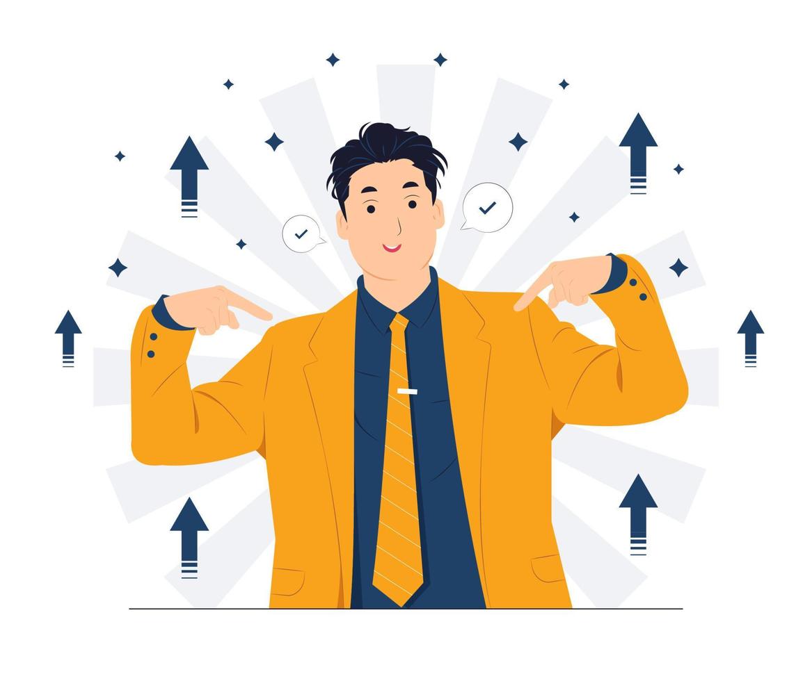 Successful Young Business man with high self esteem and confidence dressed in stylish suit, pointing at himself with fingers proud and happy concept illustration vector