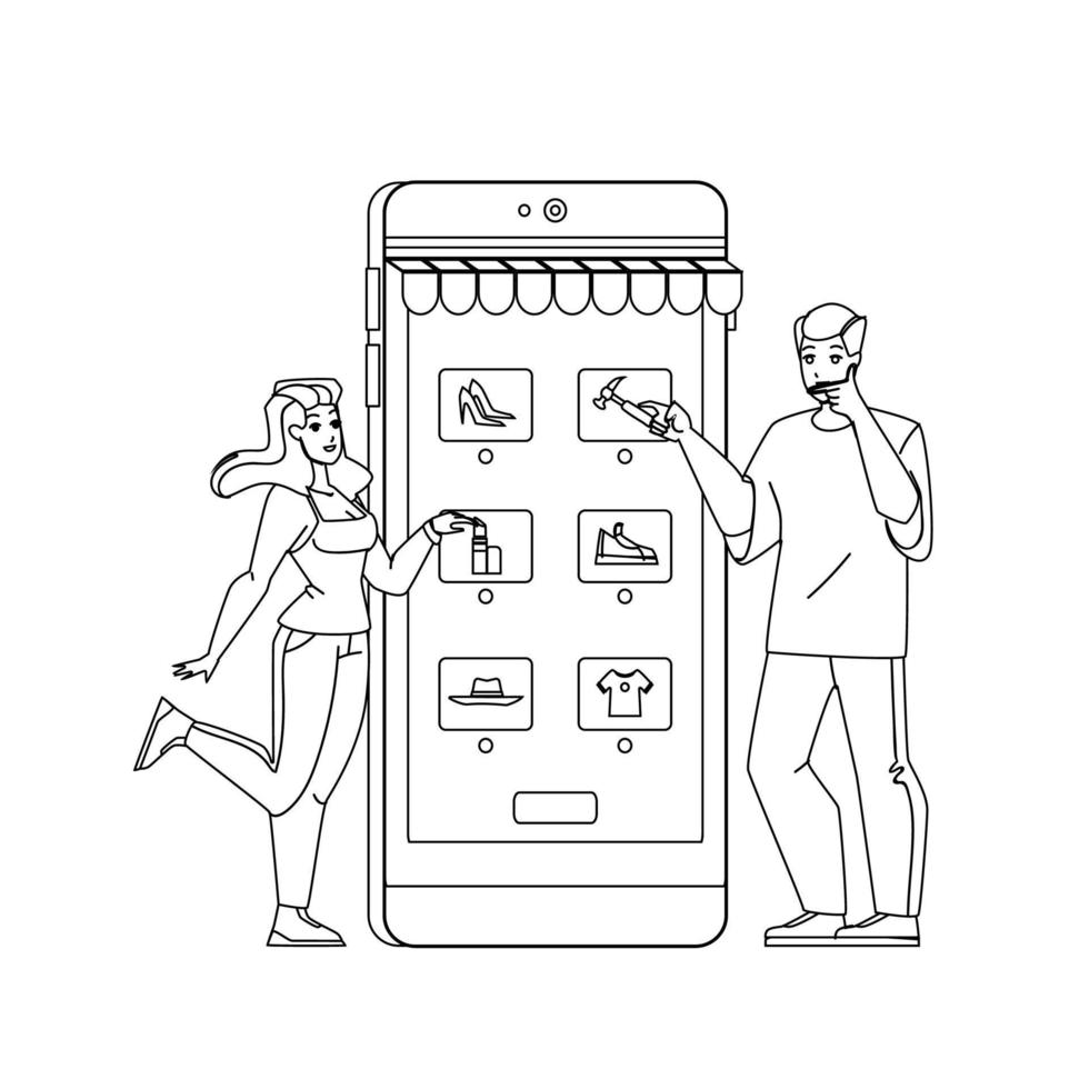 Couple Choosing Product In Smartphone App Vector