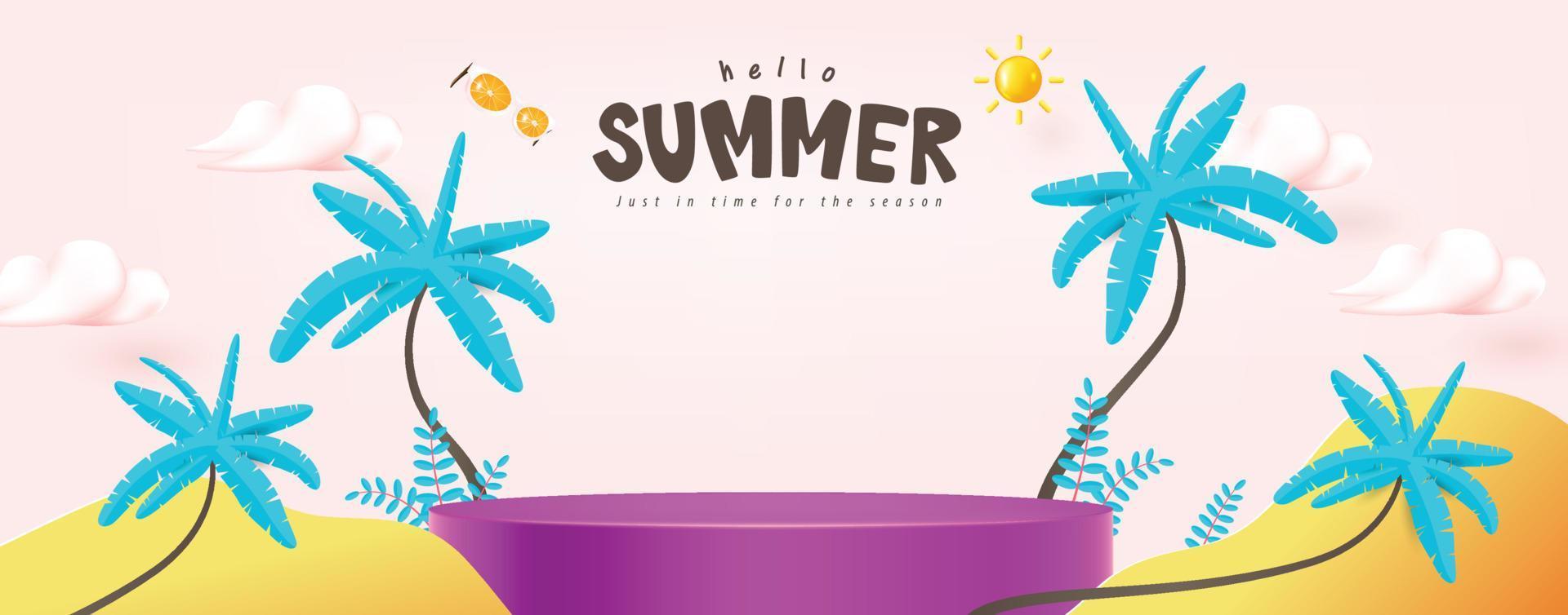 plantilla de banner de venta de verano para promoción con forma cilíndrica de exhibición de productos y fondo de playa vector