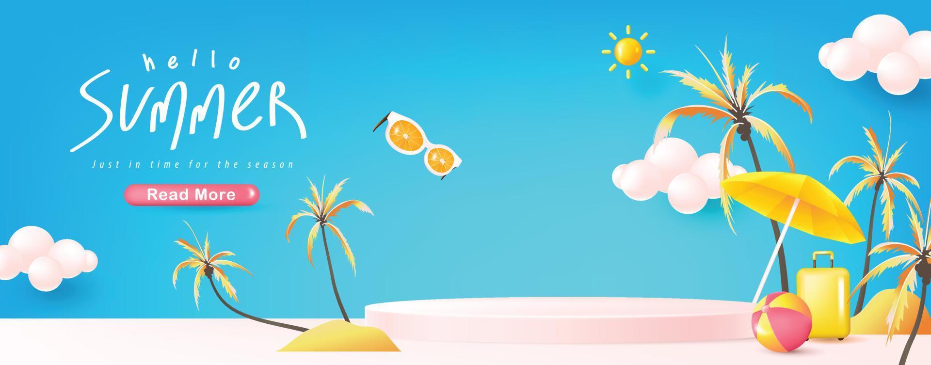 Summer sale banner template for promotion with product display cylindrical shape and beach background vector
