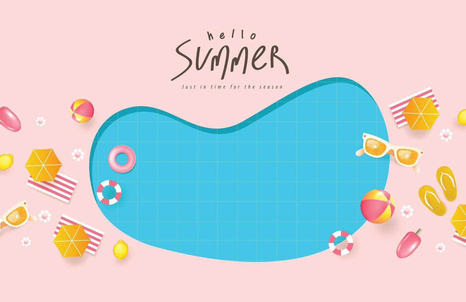 plantilla de banner de cartel de verano para promoción con fondo de piscina de espacio de copia y elementos para fiesta en la playa vector