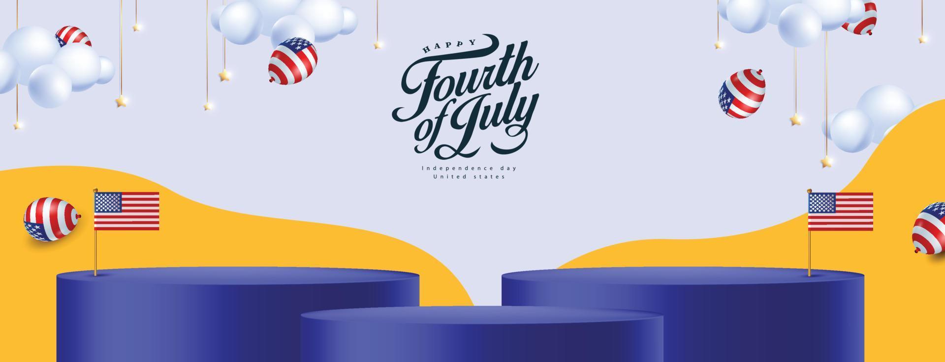 Banner de venta del día de la independencia de EE. UU. con exhibición de productos de forma cilíndrica y globos americanos vector
