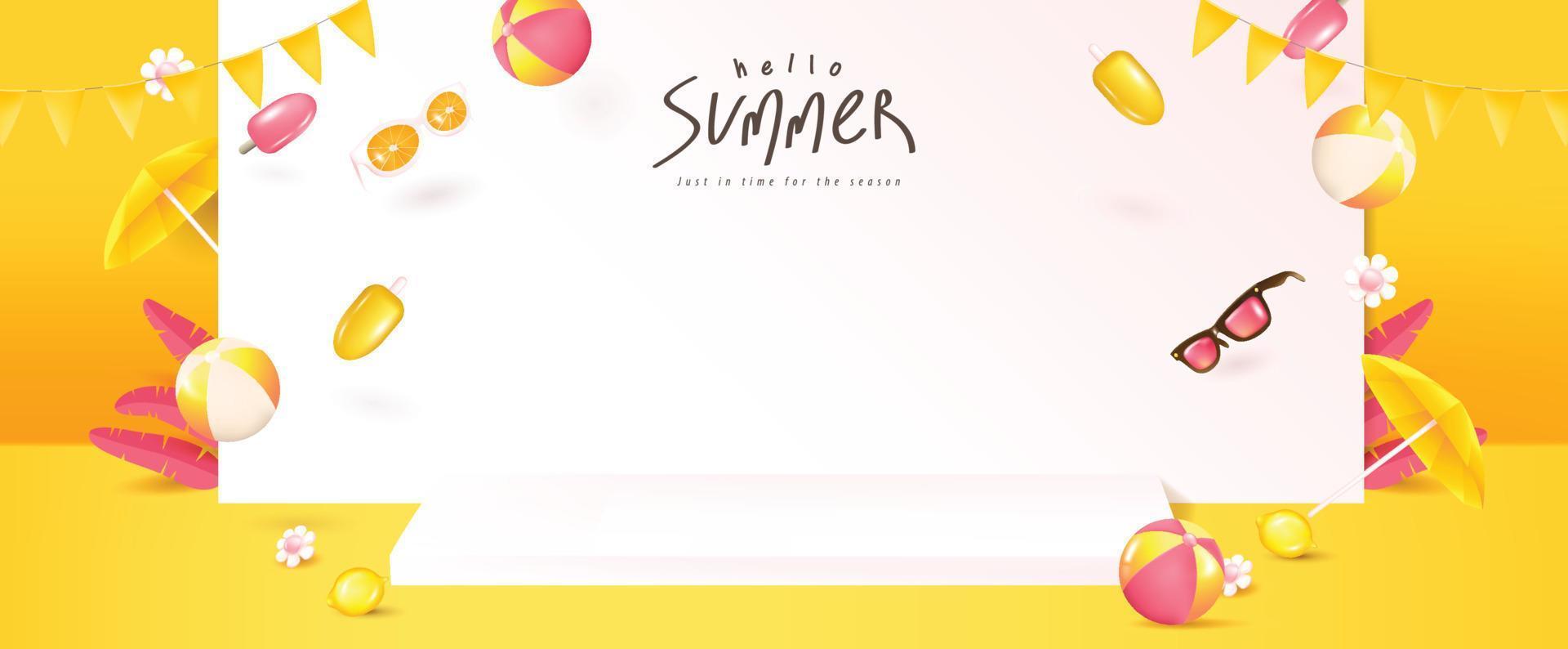 plantilla de banner de verano para promoción con exhibición de productos y elementos para fiesta en la playa vector