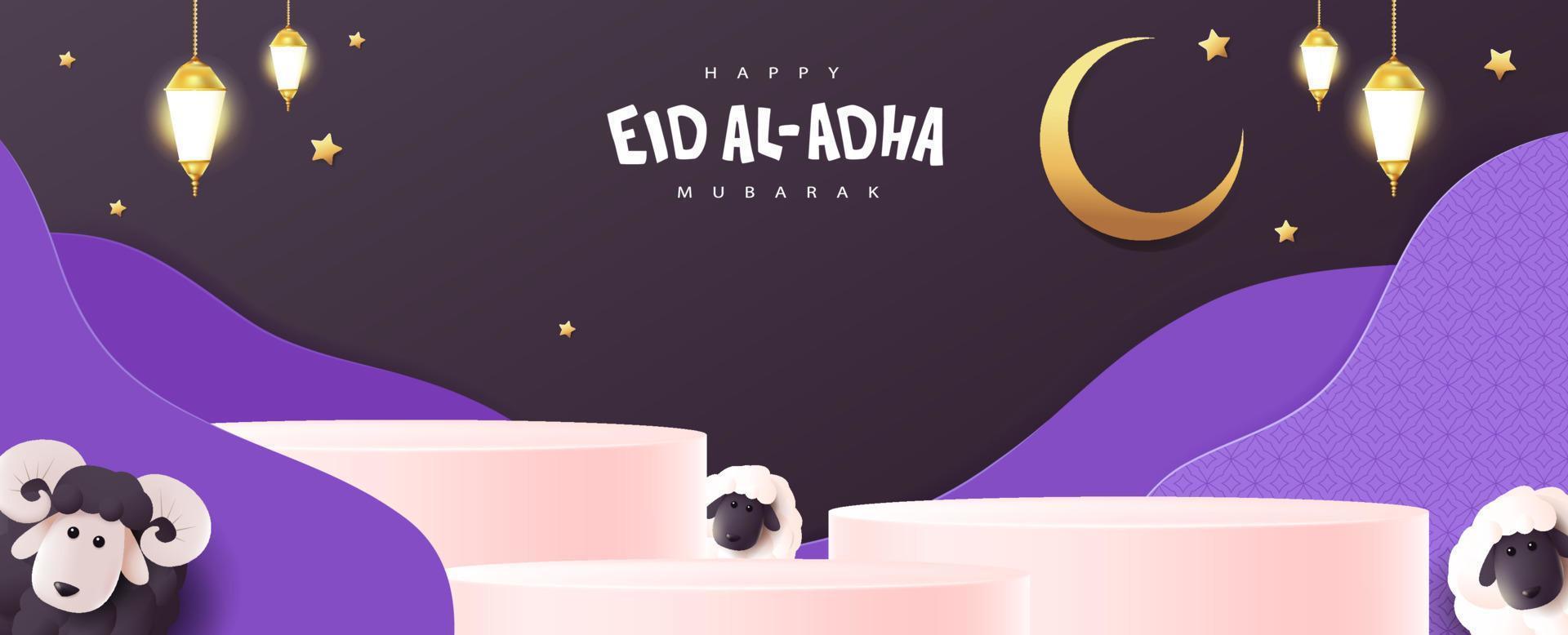 eid al adha mubarak la celebración del festival de la comunidad musulmana fondo de banner islámico con exhibición de productos de ovejas vector