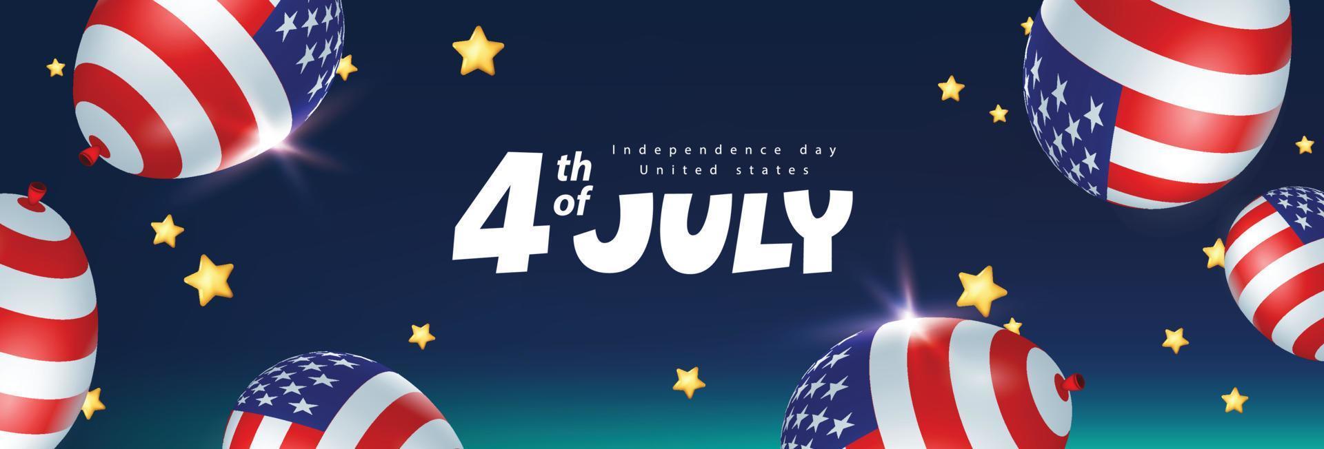 banner de celebración del día de la independencia de estados unidos en el cielo nocturno con globos americanos y estrellas doradas vector
