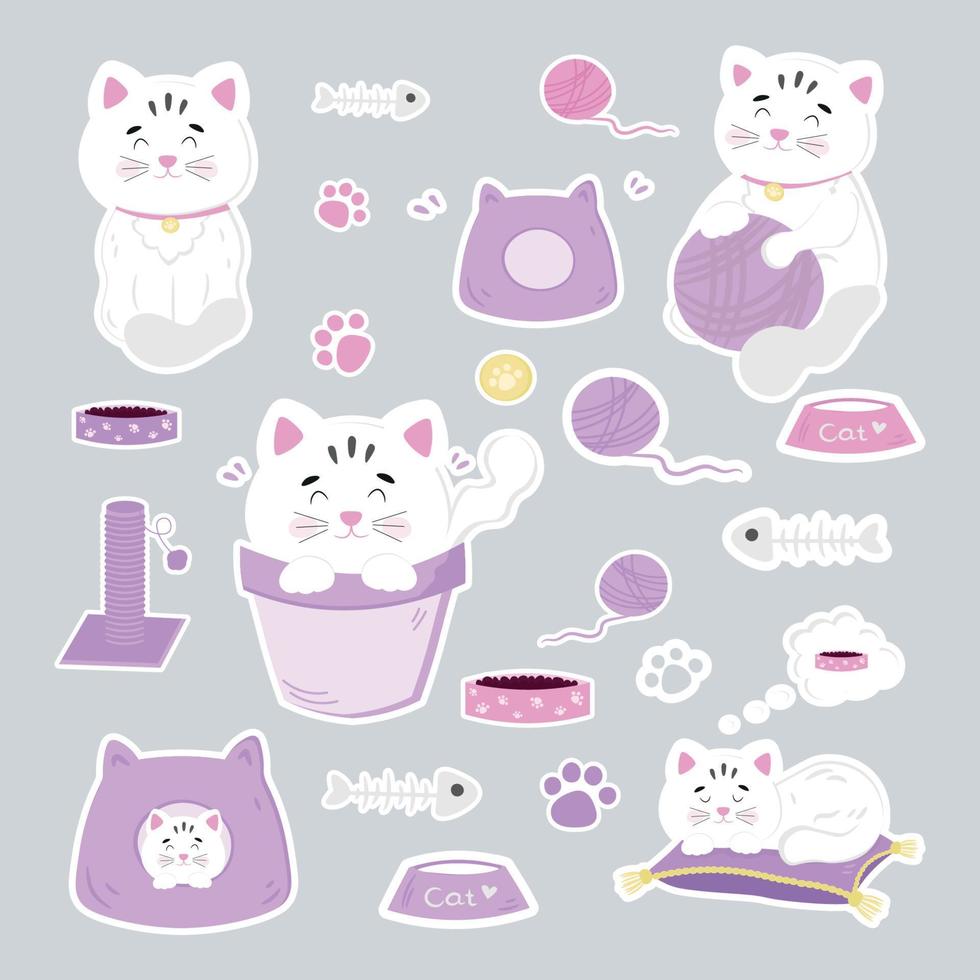 Vector set of cats in different situations. White kittens. Cartoon characters.