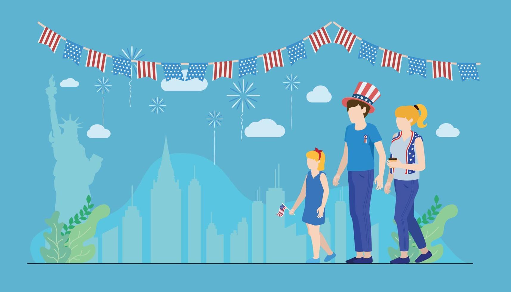 family independence day party flat color vector