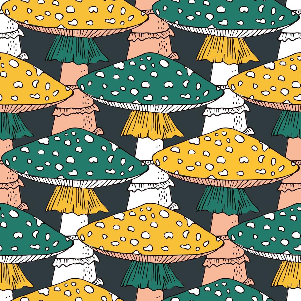 Fly agaric and cranberries hand drawn line art seamless vector pattern. Amanita muscaria seamless background for printing, fabric, textile, manufacturing, wallpapers.