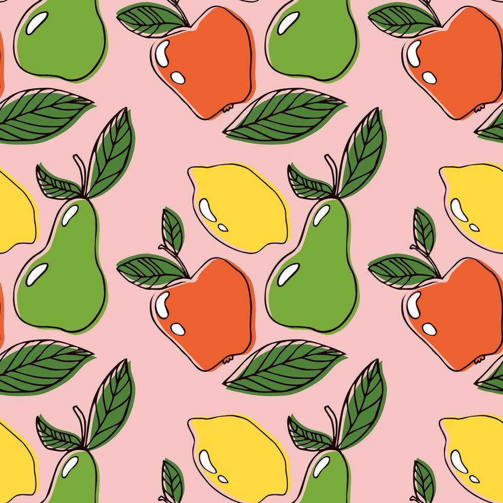 Lemon, apple, leaf and pear vector line art seamless pattern for textile prints, cards, design. Line art style fruit vector. Fruit pattern with seamless background illustration.