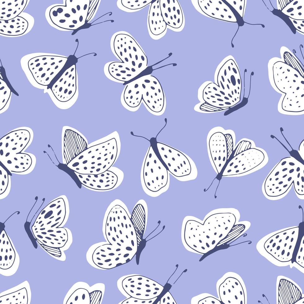 White moths on a blue background vector seamless pattern. Line and spot. Vector illustration.