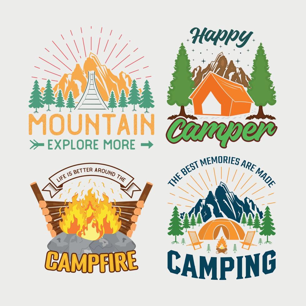 conjunto de letras de camping, diseño de tipografía dibujada a mano aislada de aventura para la ilustración de vector de cartel de etiqueta de impresión de saludo