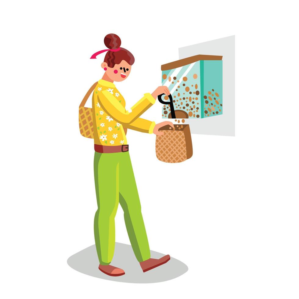 Woman Filling Flakes In Zero Waste Bag Vector