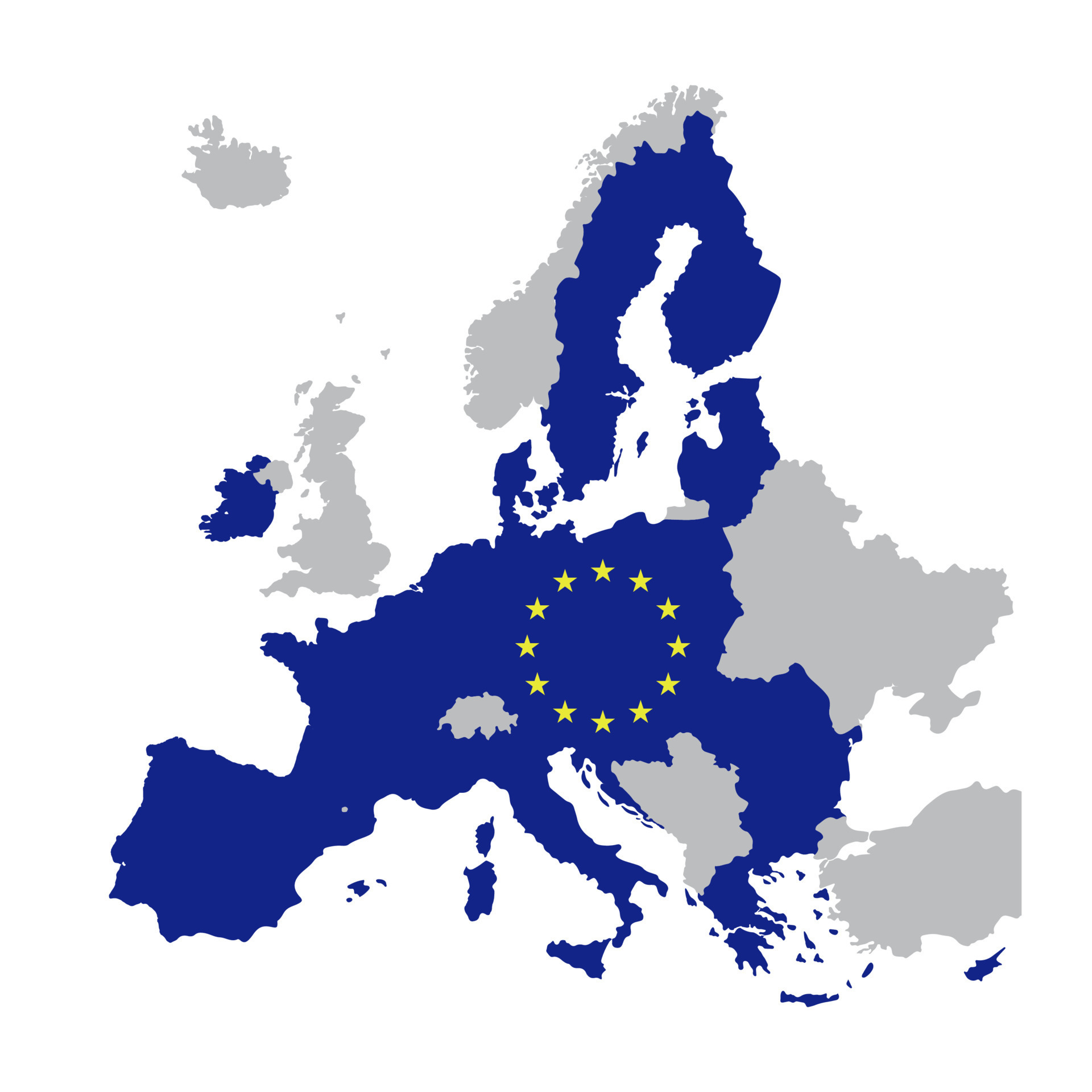 European Union map with stars of the European Union. Map of member