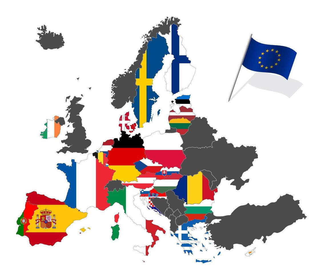 Map of Europe with the European Union member states flags after Brexit