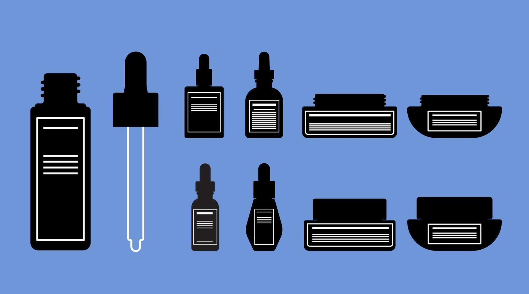 silueta línea blanca etiqueta lociones corporales, suero, cuidado de la piel, bomba de crema botella de embalaje cosmético diseño plano vector