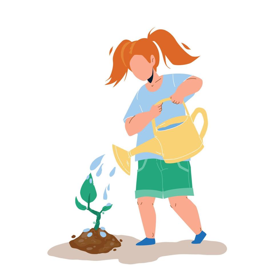 Sapling Planting And Watering Girl Child Vector