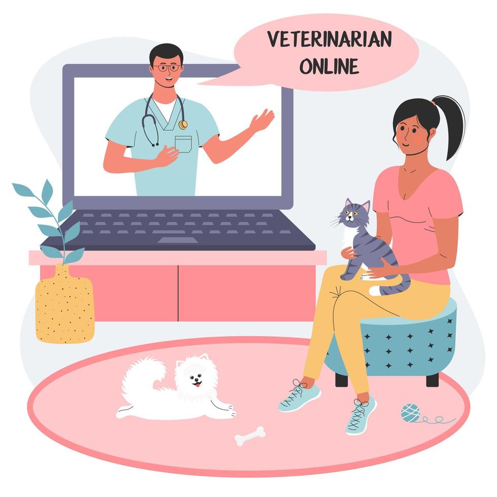 Online consultation using laptop with veterinarian. Female patient with a cat and spitz dog. vector