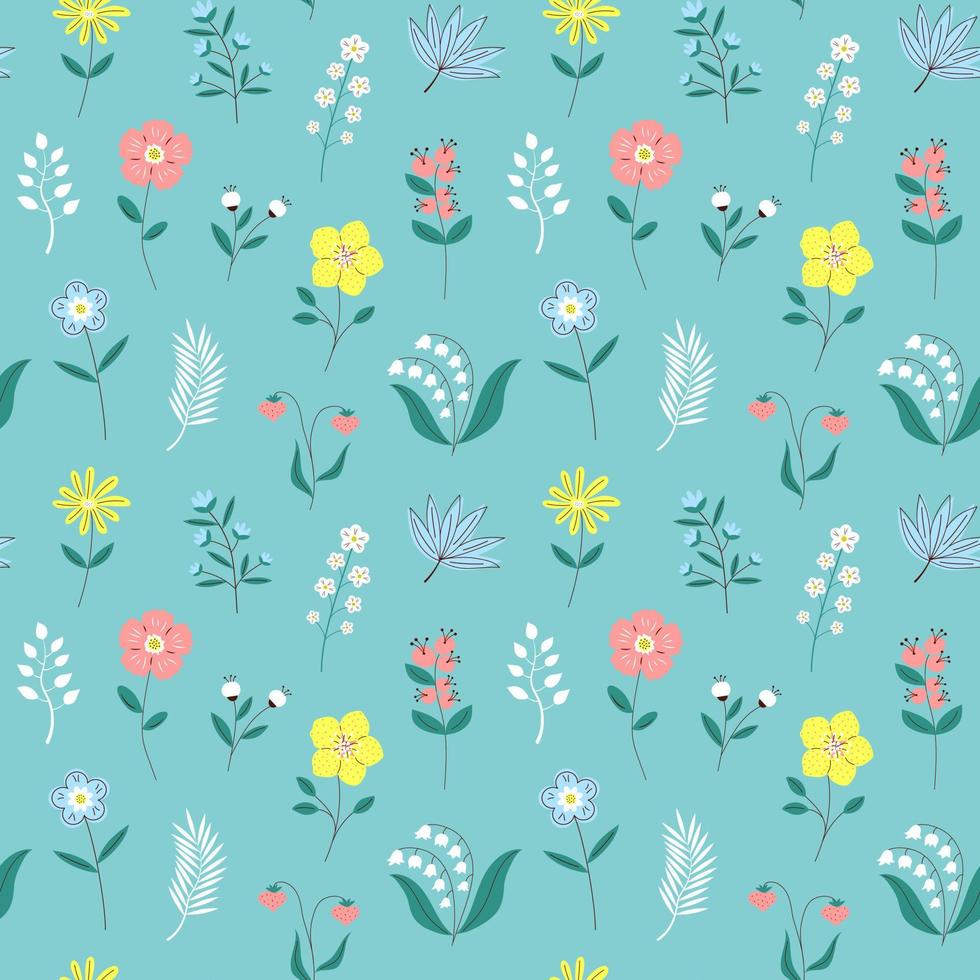 Seamless floral pattern with different flowers, branches, leaves. vector