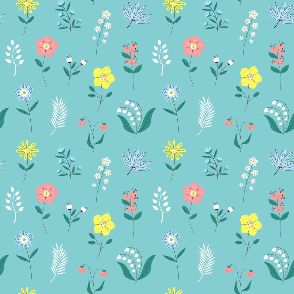 Seamless floral pattern with different flowers, branches, leaves. vector