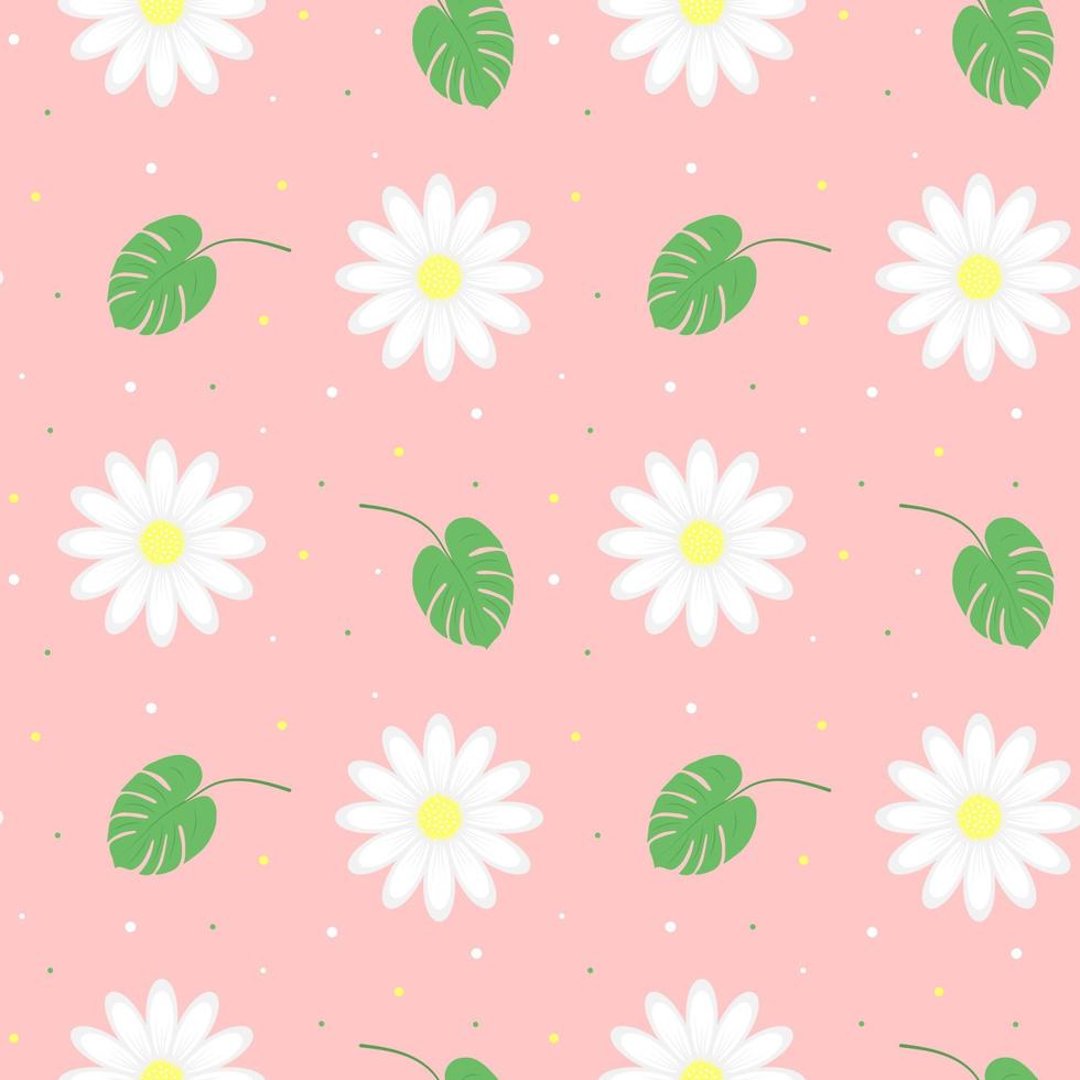 Seamless pattern with chamomile flowers and monstera leaves. vector