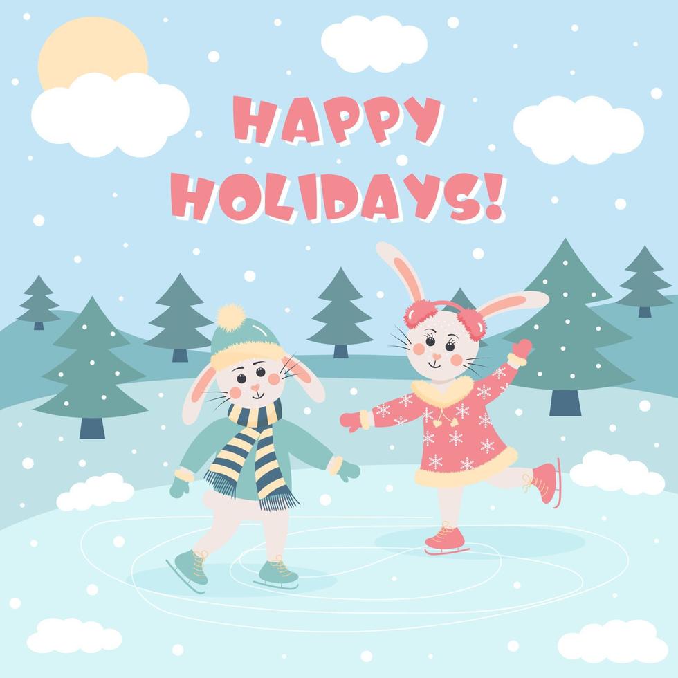 Cute rabbits boy and girl are skating. Happy holidays quote. Winter landscape. vector