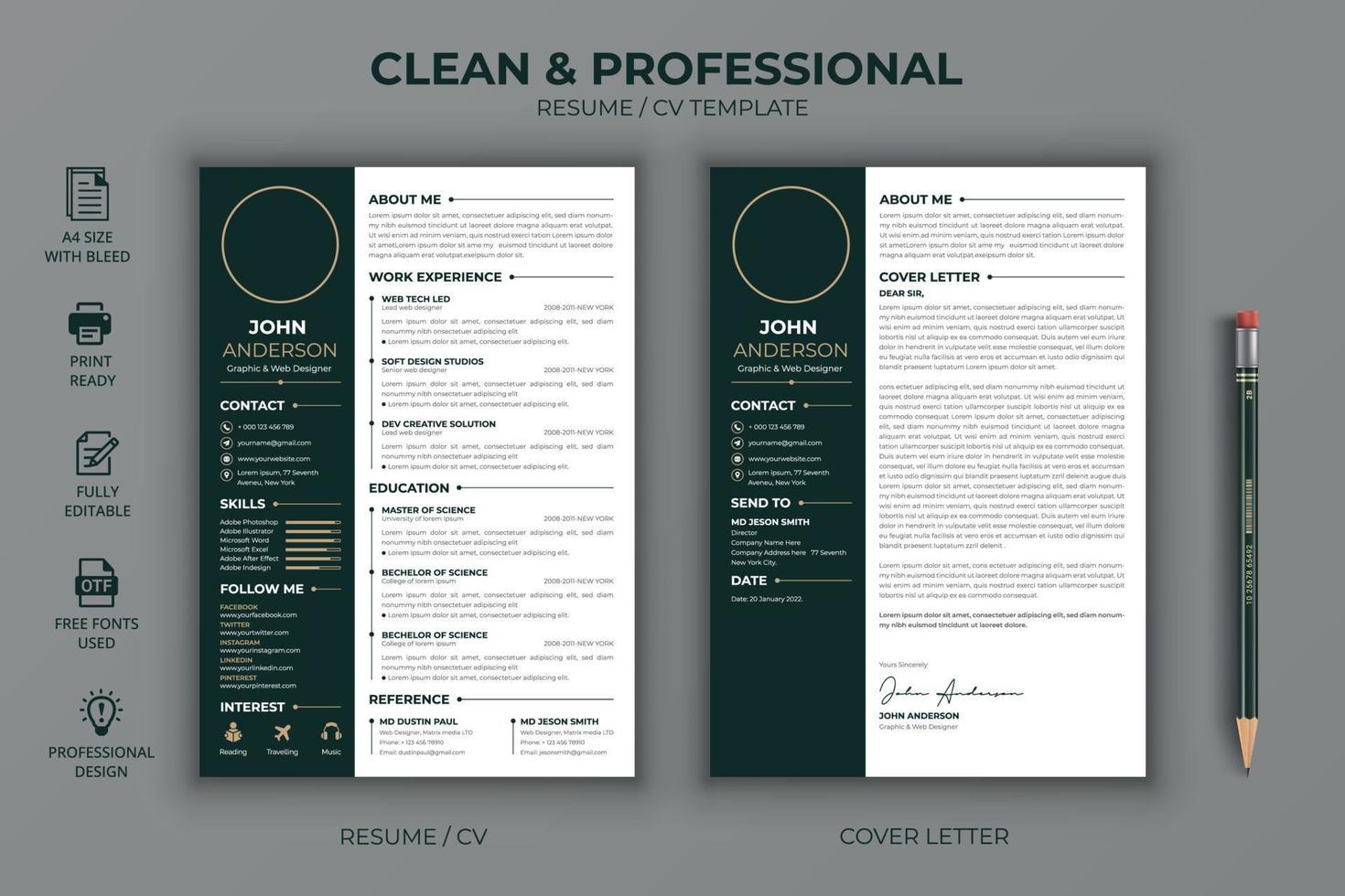 Clean Professional Resume and Cover Letter Layout Vector Template for Business Job Applications, Minimalist Resume CV Template, Resume Design, CV Design, Curriculum Vitae Design Vector Template