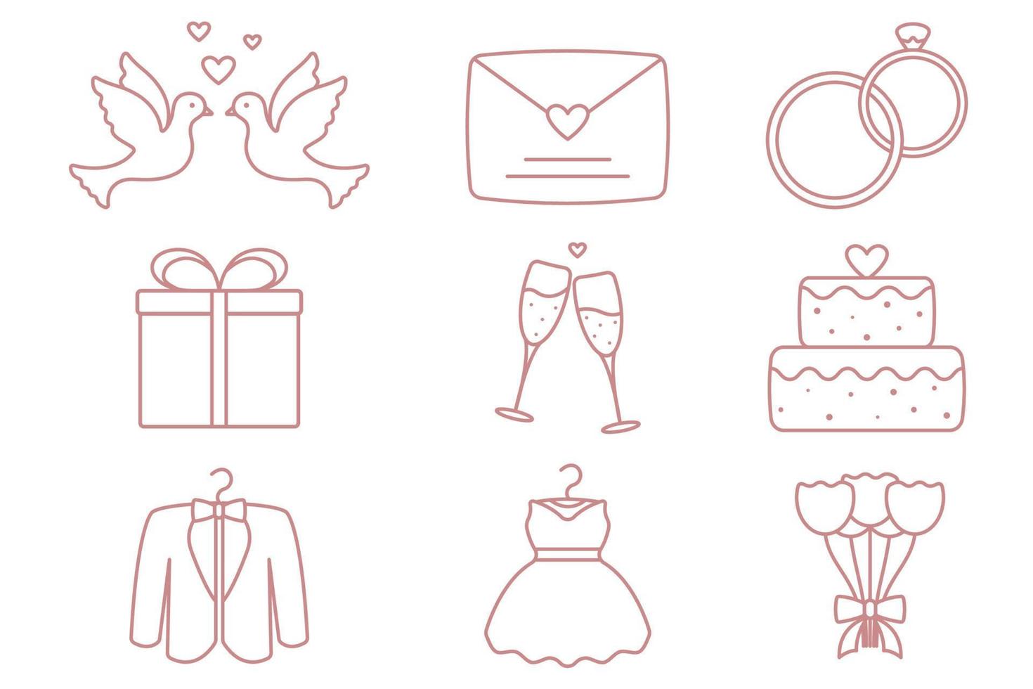 Set of round and outlined wedding vector icons. Bouquet, wedding dress, tuxedo, gift box, dove couple, champagne, marriage, love letter, rings