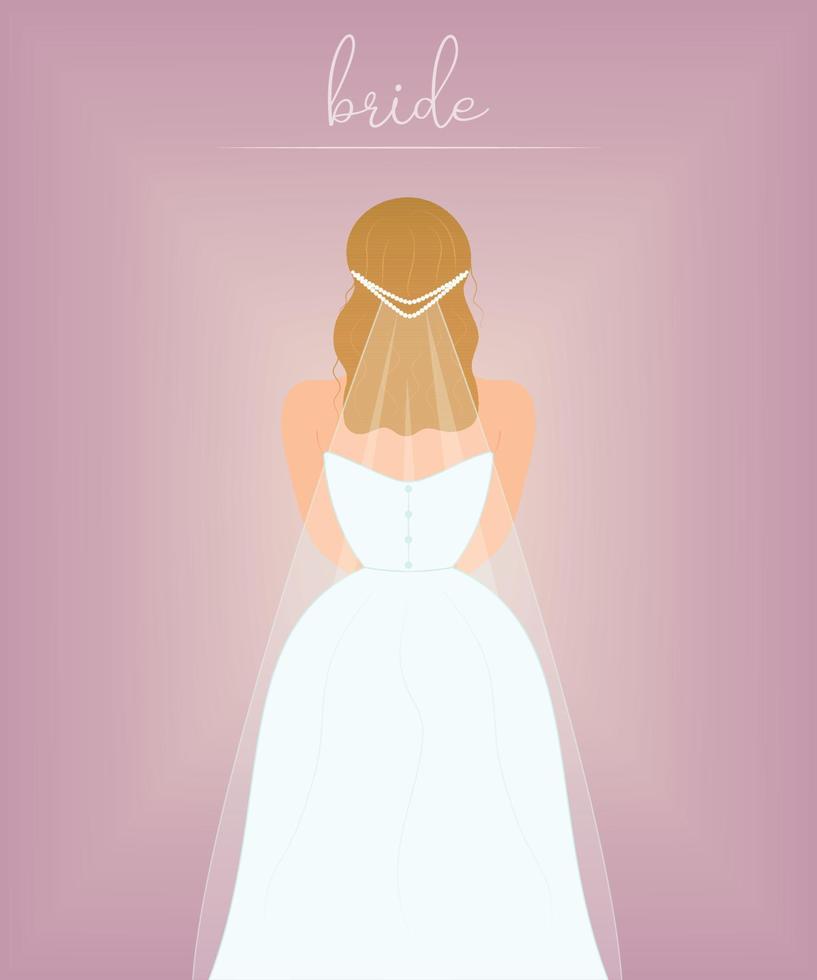 Beautiful bride in wedding dress and bridal veil, rear view. Tender flat vector illustration