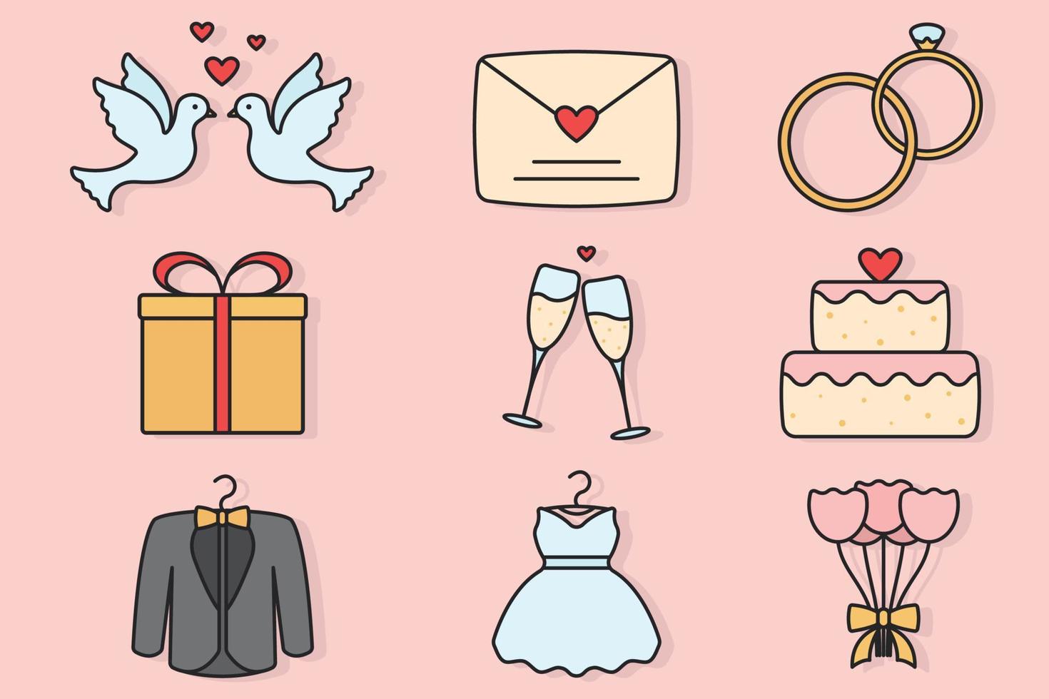 Set of round and outlined wedding vector icons with filling. Bouquet, dress, tuxedo, gift box, dove couple, champagne, marriage, love letter, rings