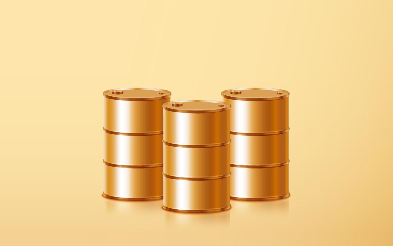 Realistic three golden oil barrels isolated on gold background. Symbol of gasoline, diesel, petro, gas fuel industry. Gold metal petroleum gallon. Concept of energy industry in 3d vector illustration