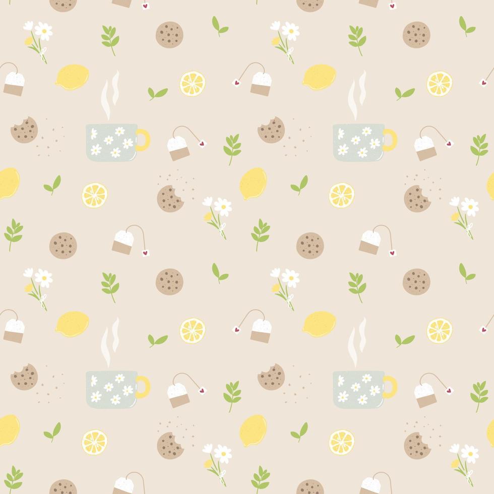 Tea time seamless pattern with cup, tea bag, lemon and cookies in light pastel colors. Hand drawn elements on beige background vector