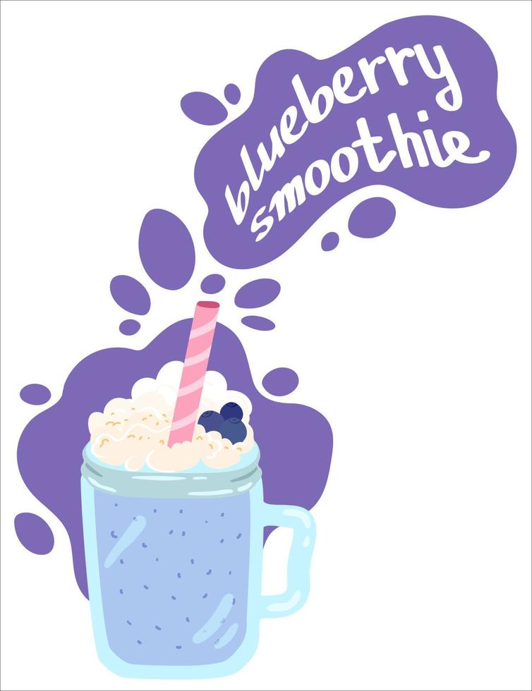 Blueberry smoothie in a glass jar with a straw. Fruit drink with whipped cream and berries . Hand drawn vector illustration. Suitable for culinary website, stickers, greeting cards, package.