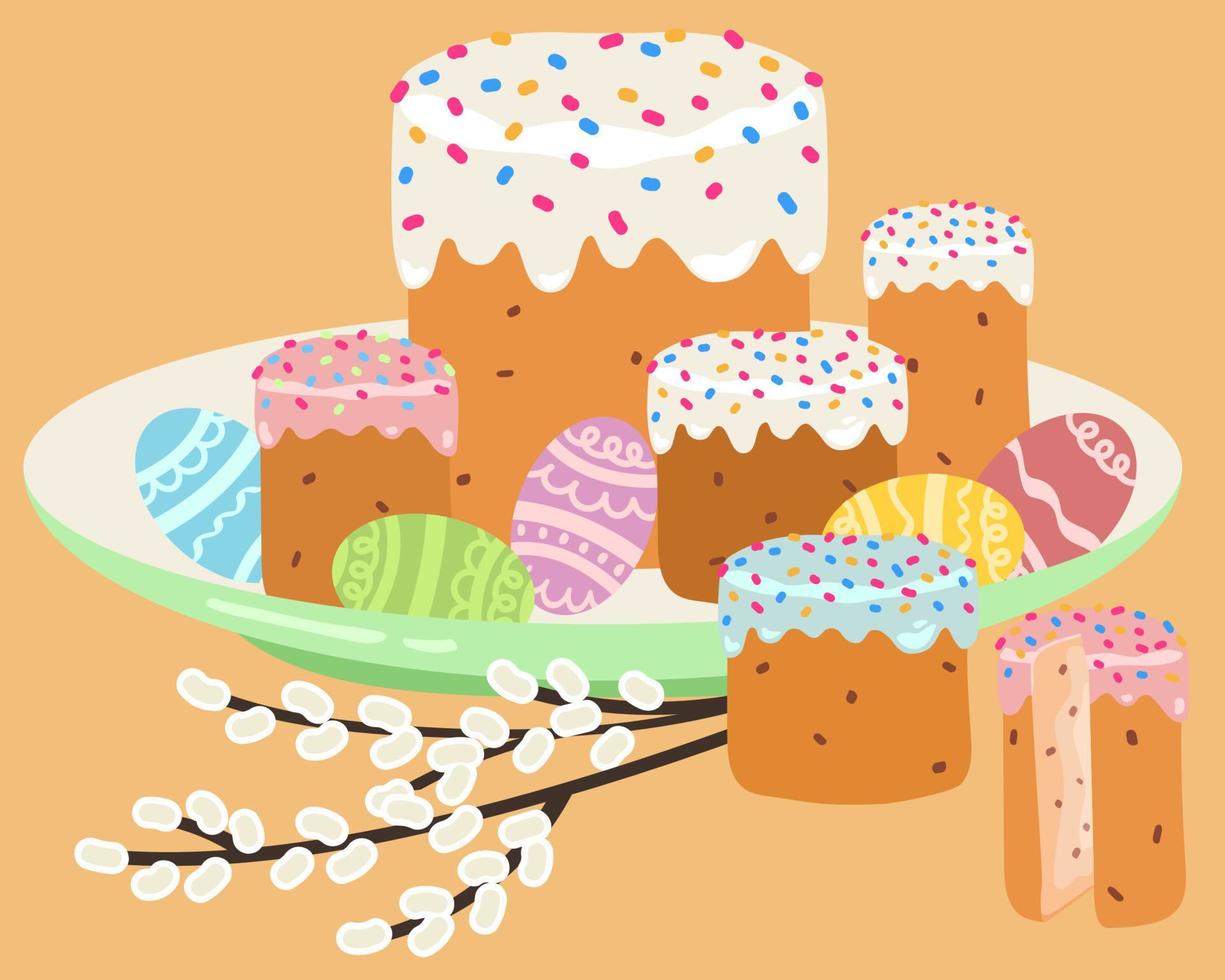 Dish with Easter cakes, painted colored eggs and willow twigs. Hand drawn vector illustration. Suitable for stickers, greeting cards, gift paper.