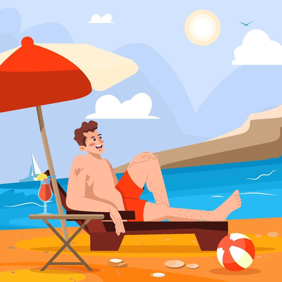 el hombre disfruta del baño de sol en el concepto de playa vector