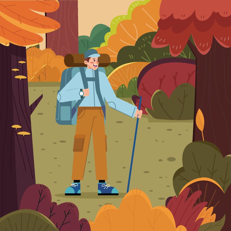 Man Hiking At Fall Season Concept vector