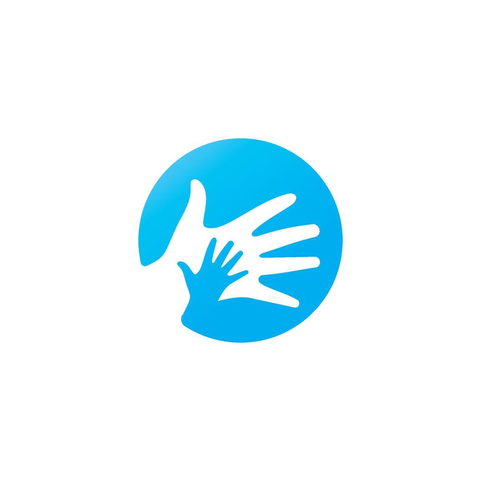 Child Care Logo, Little Hand Holding In Big Hand Silhouette In Blue Circle Background vector