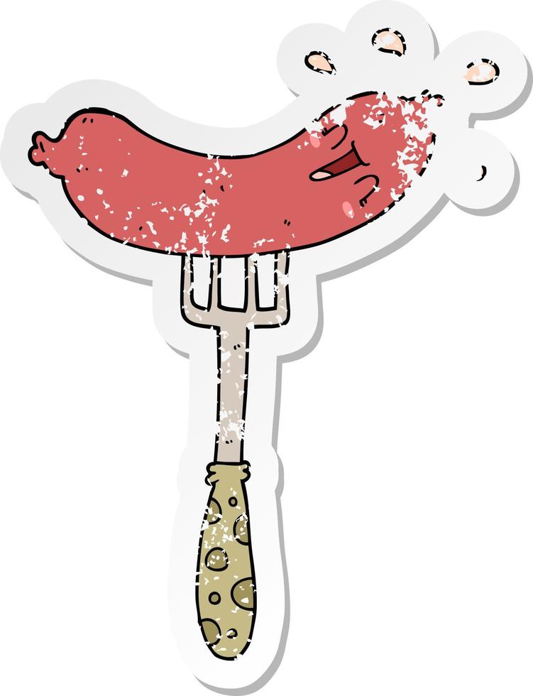 distressed sticker of a cartoon happy sausage on fork vector