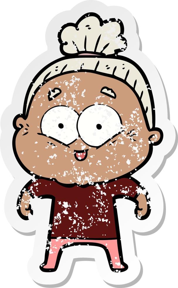 distressed sticker of a cartoon happy old woman vector