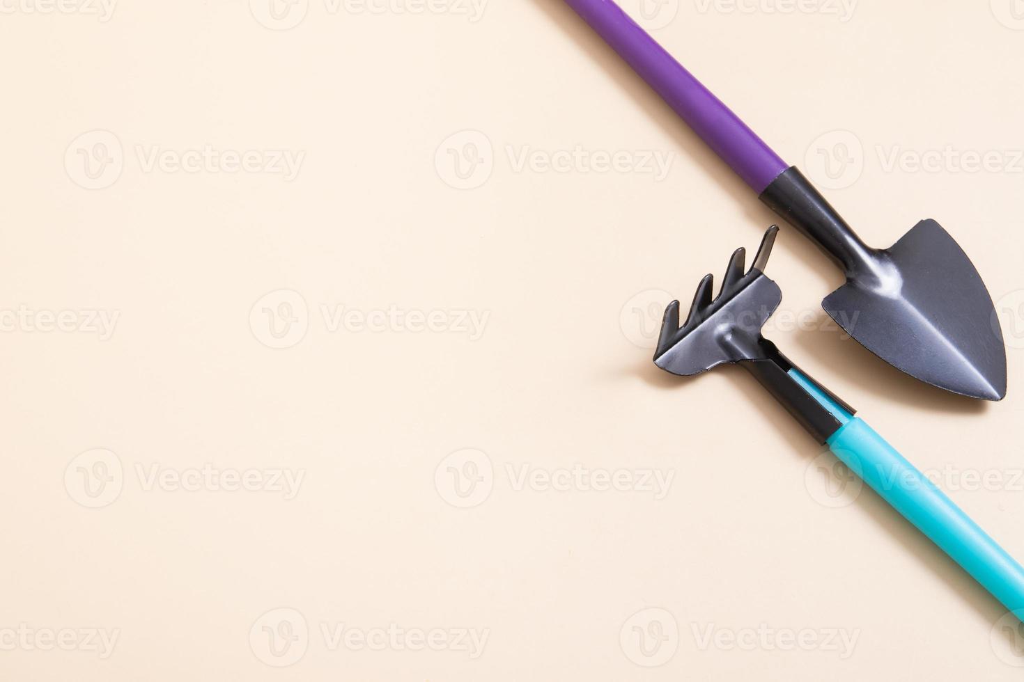 Shovel and rakes for gardening. flat lay. The concept of spring planting photo